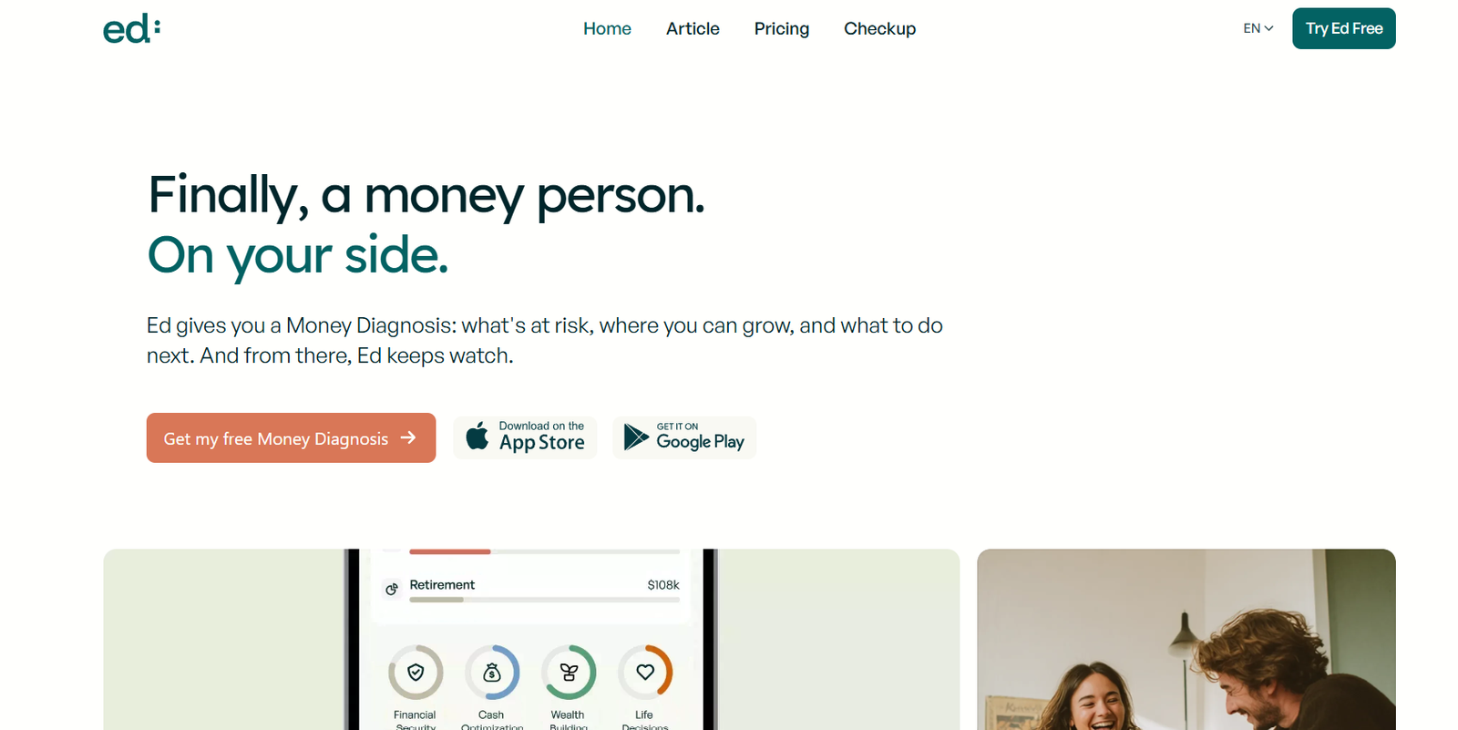 33 - Hero section: headline 'Finally, a money person. On your side.' with subheading and a primary CTA 'Get my free Money Diagnosis' plus App Store and Google Play badges.