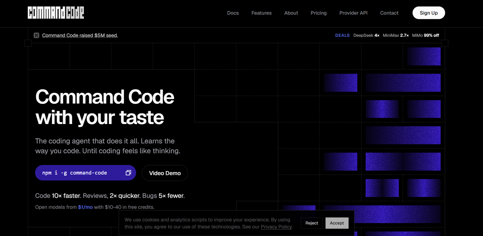 33 - Dark-themed website hero for Command Code with bold headline 'Command Code with your taste' and a subheading about learning to code, featuring purple pill button 'npm i -g command-code' and a secondary 'Video Demo' button.
