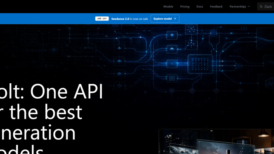 33 - Hero header with Sjolt logo, blue promo bar, and dark tech network background behind large white headline about one API for the best generation models.