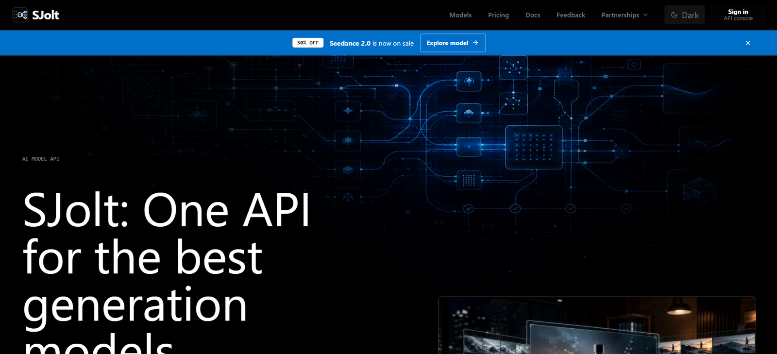 33 - Hero header with Sjolt logo, blue promo bar, and dark tech network background behind large white headline about one API for the best generation models.