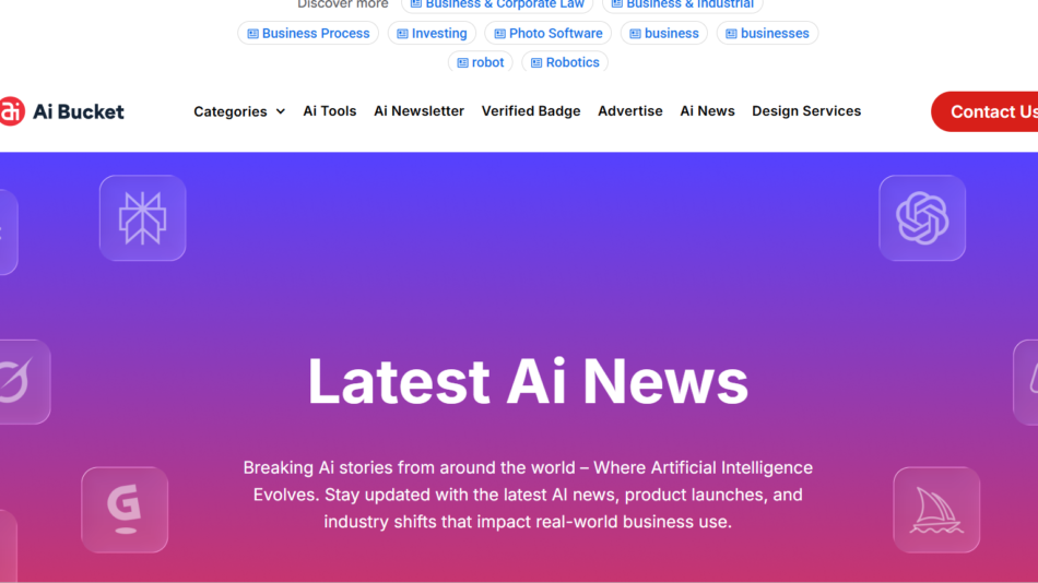 Hero banner: gradient purple-pink background with floating rounded icons and the headline 'Latest Ai News' plus a descriptive paragraph about AI updates.