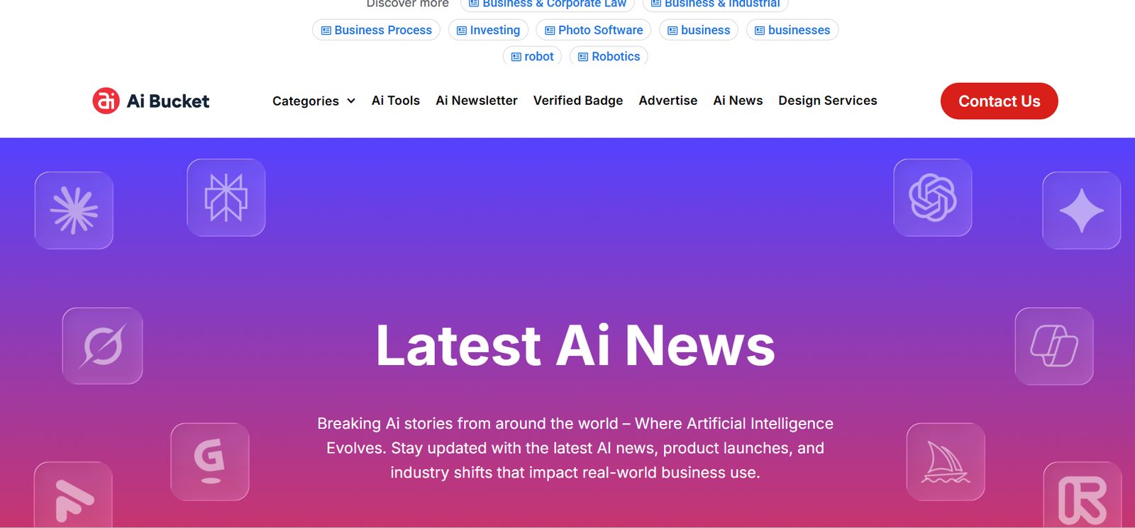 33 - Hero banner: gradient purple-pink background with floating rounded icons and the headline 'Latest Ai News' plus a descriptive paragraph about AI updates.