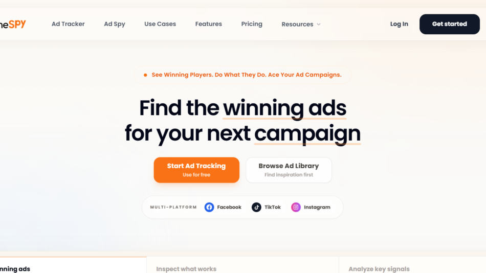 PrimeSPY homepage hero with logo, navigation menu, and a large headline: 'Find the winning ads for your next campaign' plus orange 'Start Ad Tracking' and white 'Browse Ad Library' CTAs on a light gradient background.