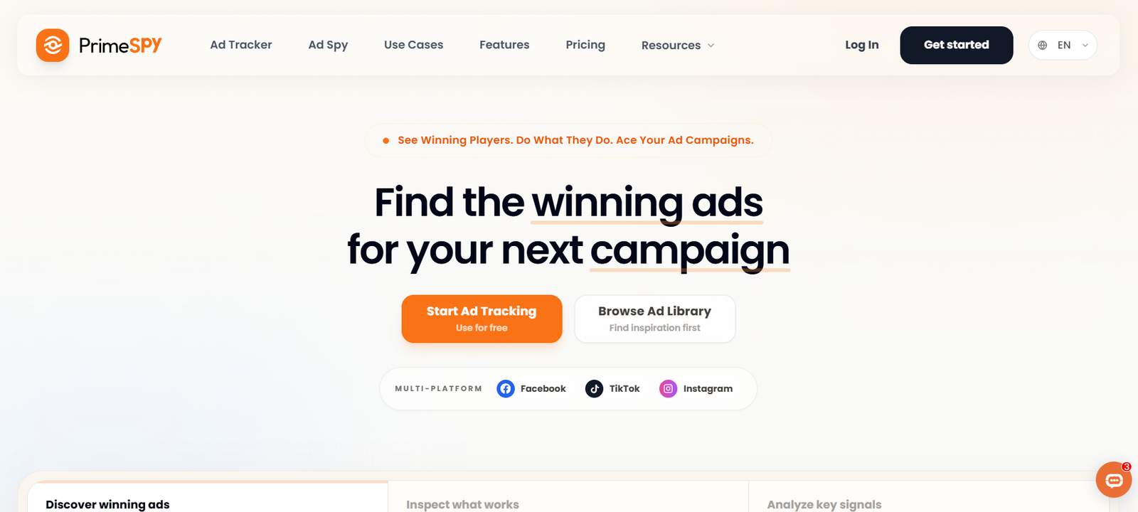 33 - PrimeSPY homepage hero with logo, navigation menu, and a large headline: 'Find the winning ads for your next campaign' plus orange 'Start Ad Tracking' and white 'Browse Ad Library' CTAs on a light gradient background.