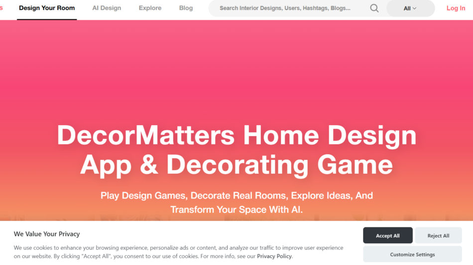 33 - DecorMatters homepage hero with a pink-to-orange gradient background and large white headline: 'DecorMatters Home Design App & Decorating Game' with a supporting subtitle.