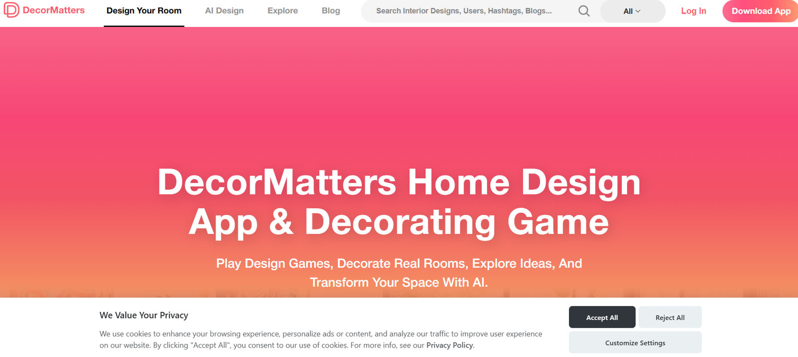 33 - DecorMatters homepage hero with a pink-to-orange gradient background and large white headline: 'DecorMatters Home Design App & Decorating Game' with a supporting subtitle.