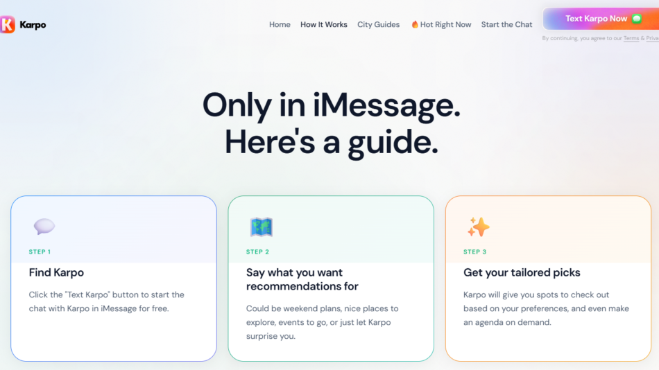 34 - Hero section with Karpo logo and navigation, large headline 'Only in iMessage. Here's a guide.' and three rounded step cards (Step 1–3) outlined in blue, green, and orange, respectively, on a soft gradient background.