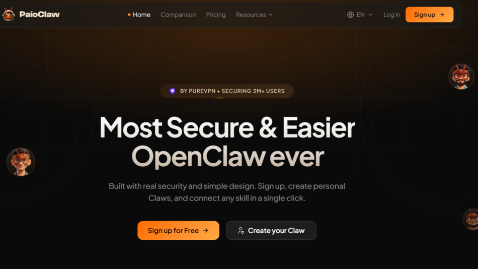 34 - Hero banner for PaioClaw homepage: dark gradient background with navigation bar and orange Sign up button, large bold headline and two call-to-action buttons, surrounding circular avatar icons along the edges.
