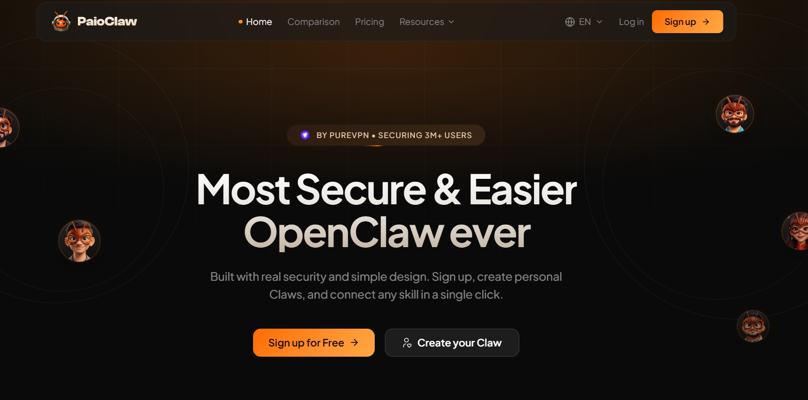 34 - Hero banner for PaioClaw homepage: dark gradient background with navigation bar and orange Sign up button, large bold headline and two call-to-action buttons, surrounding circular avatar icons along the edges.