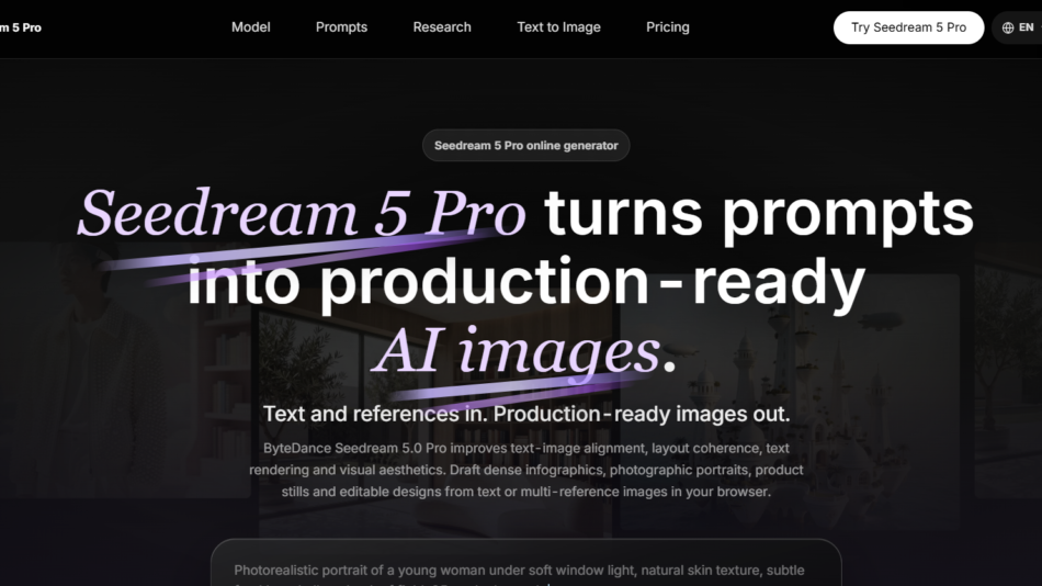 34 - Hero banner announcing Seedream 5 Pro turns prompts into production-ready AI images on a dark gradient background with large white text and purple accent lines.