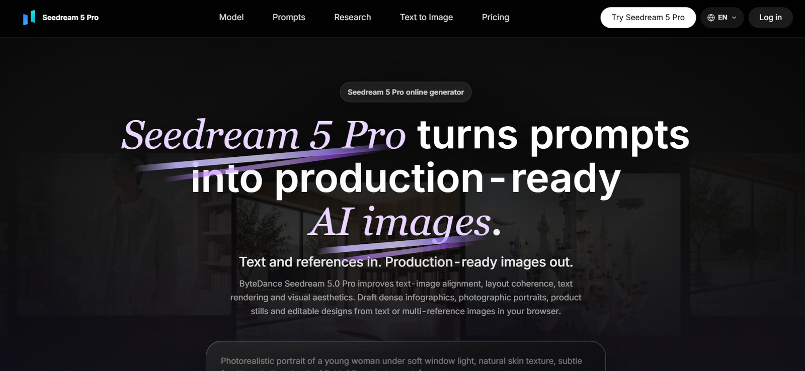 34 - Hero banner announcing Seedream 5 Pro turns prompts into production-ready AI images on a dark gradient background with large white text and purple accent lines.