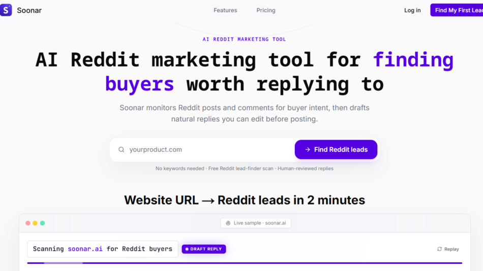 34 - Soonar AI Reddit marketing tool hero: large headline about finding buyers, search bar with 'Find Reddit leads' button, light purple accents in header navigation and logo on white background.
