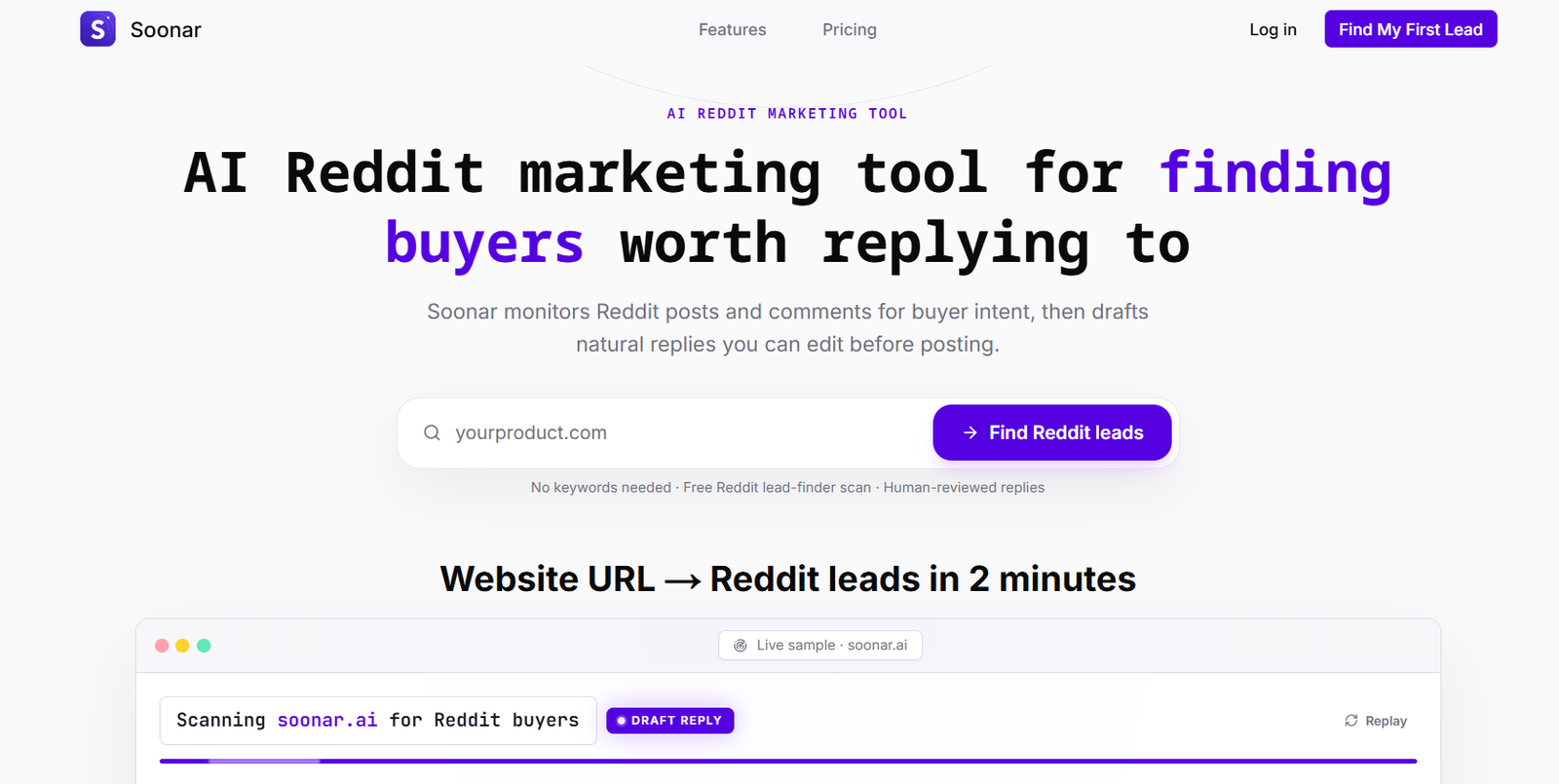 34 - Soonar AI Reddit marketing tool hero: large headline about finding buyers, search bar with 'Find Reddit leads' button, light purple accents in header navigation and logo on white background.