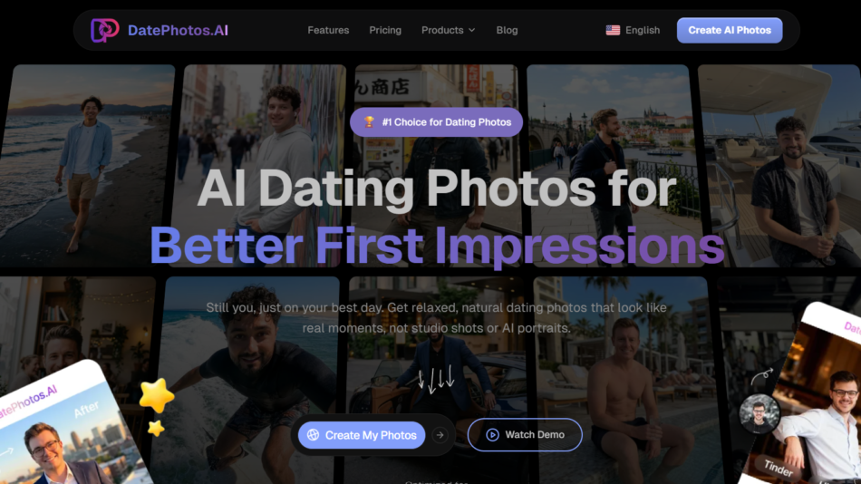 Marketing hero image: collage of dating photos on a dark site header, promoting AI dating photos for better first impressions.