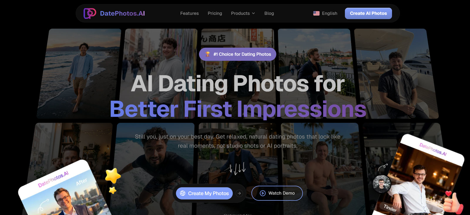 34 - Marketing hero image: collage of dating photos on a dark site header, promoting AI dating photos for better first impressions.