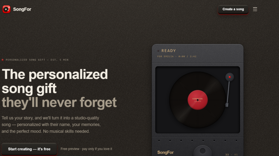 Hero: dark speckled background with the headline about personalized song gifts and a right-side vinyl turntable.