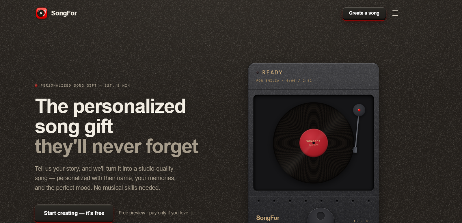 34 - Hero: dark speckled background with the headline about personalized song gifts and a right-side vinyl turntable.