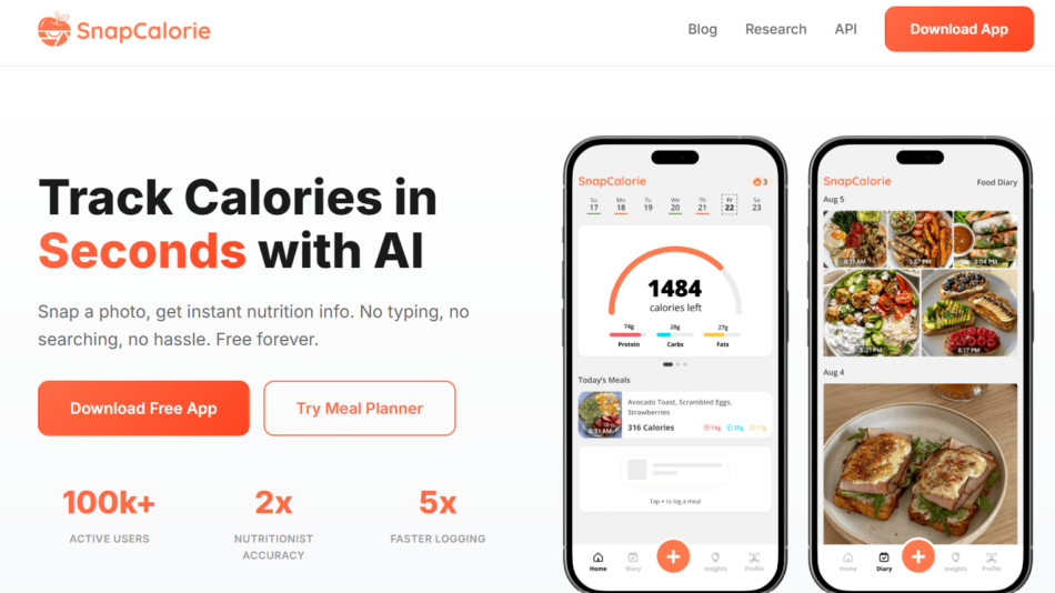 34 - Marketing hero showing SnapCalorie app: bold headline 'Track Calories in Seconds with AI' with two iPhone mockups displaying meal dashboards and food photos.