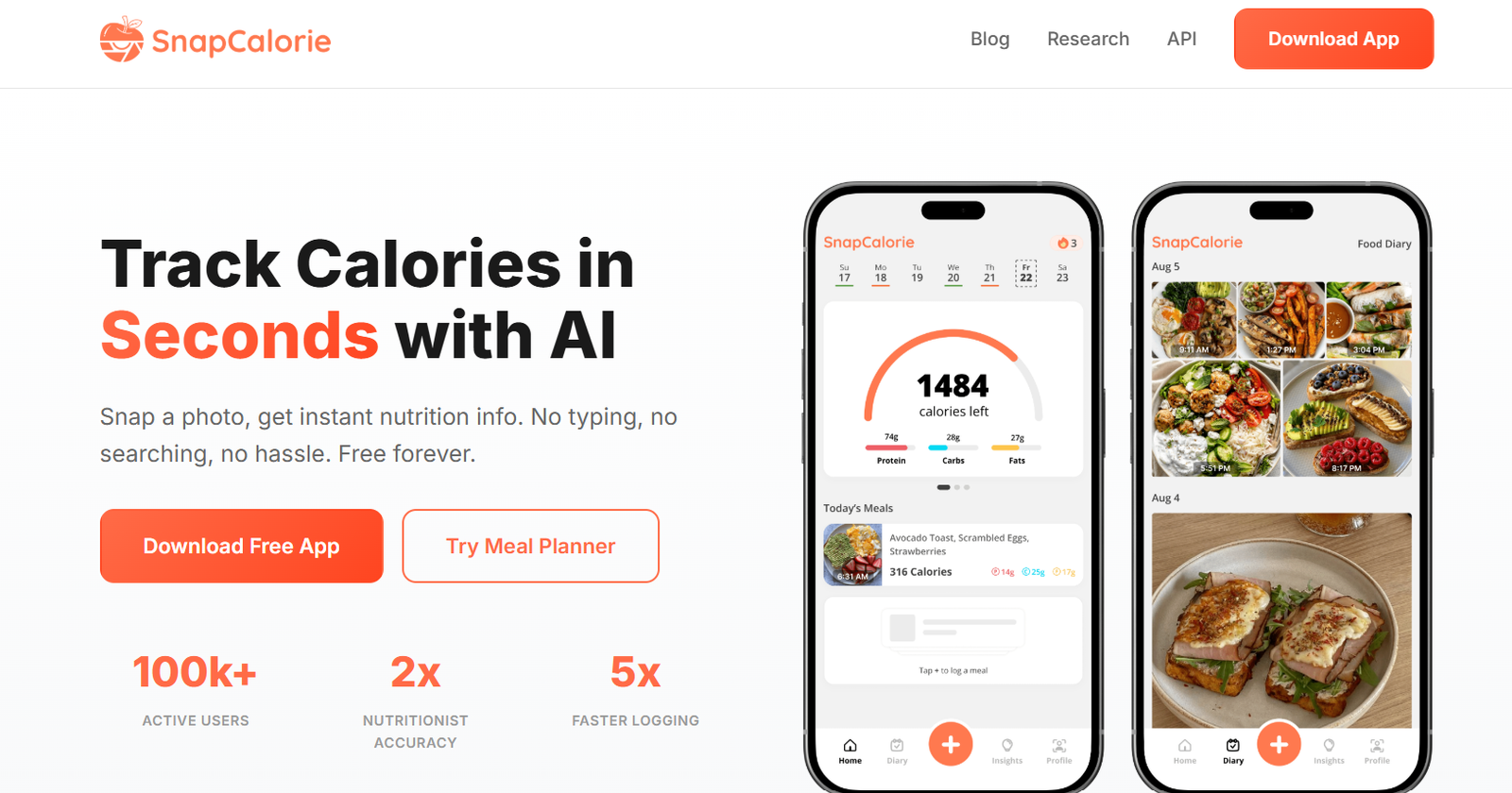 34 - Marketing hero showing SnapCalorie app: bold headline 'Track Calories in Seconds with AI' with two iPhone mockups displaying meal dashboards and food photos.
