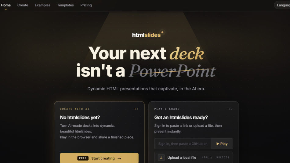 35 - Hero section for htmlslides: dark gradient background with a large headline 'Your next deck isn't a PowerPoint' and a subheading, featuring the htmlslides logo at top center.