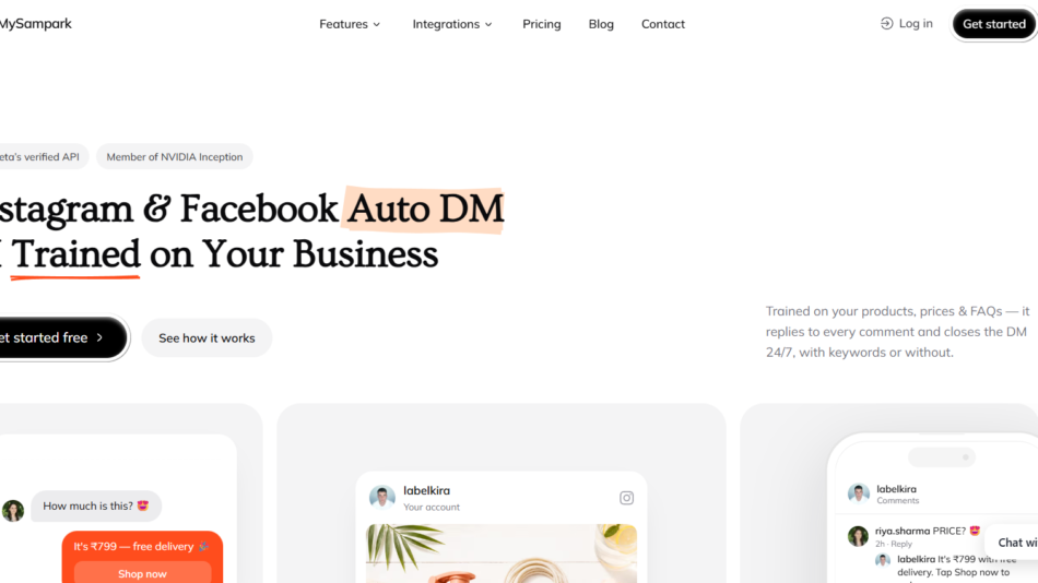 35 - Hero banner on MySampark homepage with large headline about Instagram & Facebook Auto DM AI Trained on Your Business and CTAs 'Get started free' and 'See how it works'.