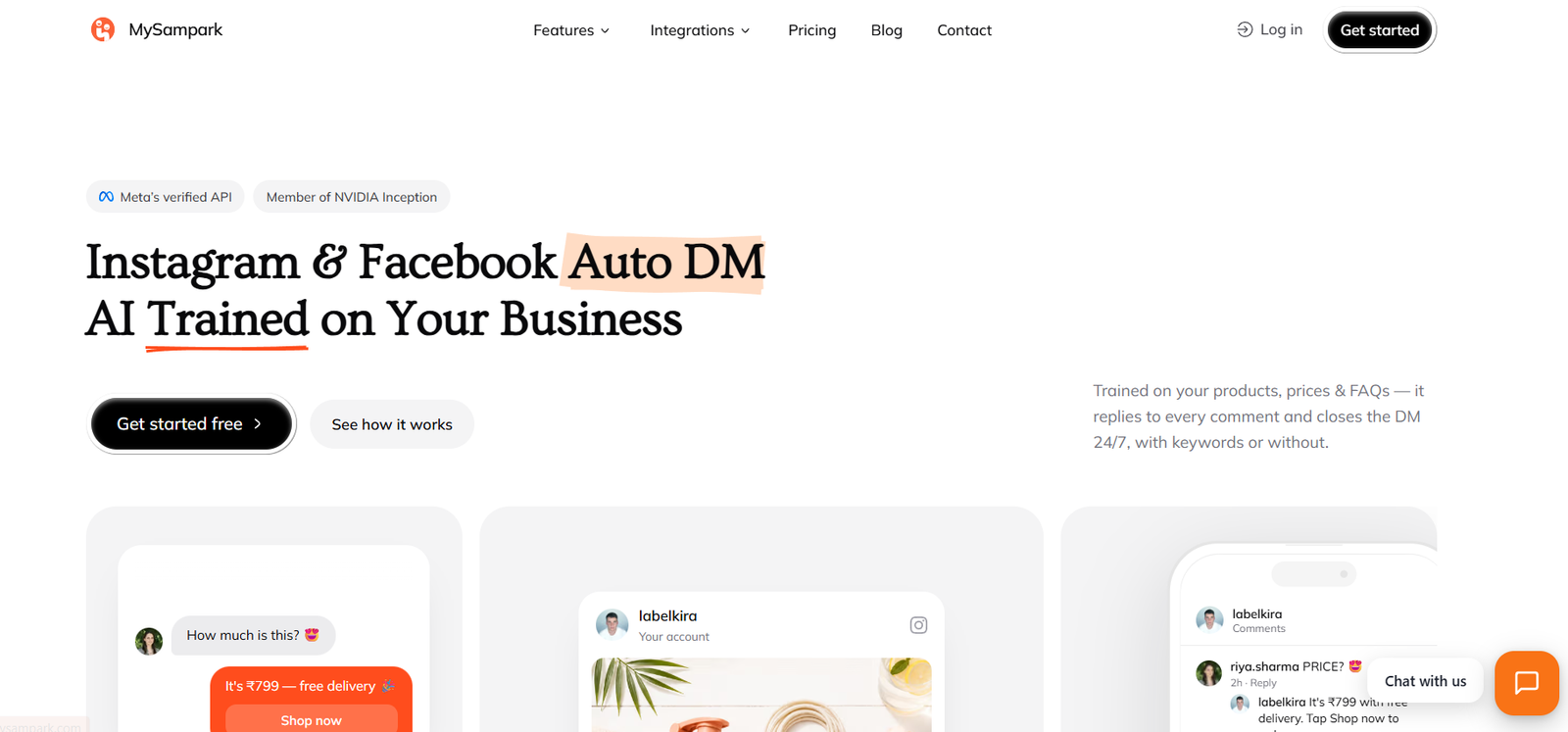 35 - Hero banner on MySampark homepage with large headline about Instagram & Facebook Auto DM AI Trained on Your Business and CTAs 'Get started free' and 'See how it works'.