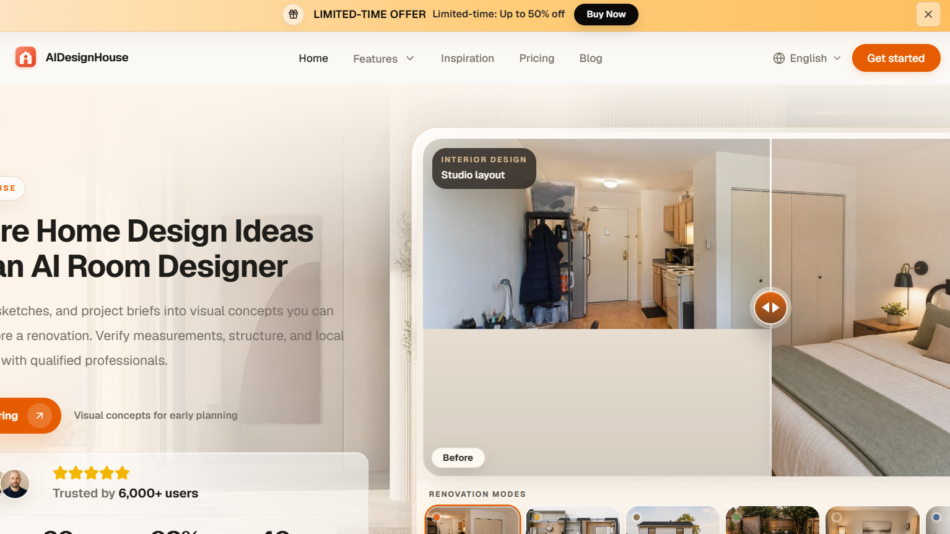 35 - Hero section for AI Design House: Explore Home Design Ideas with an AI Room Designer; large headline and orange Start Exploring CTA on warm beige background.