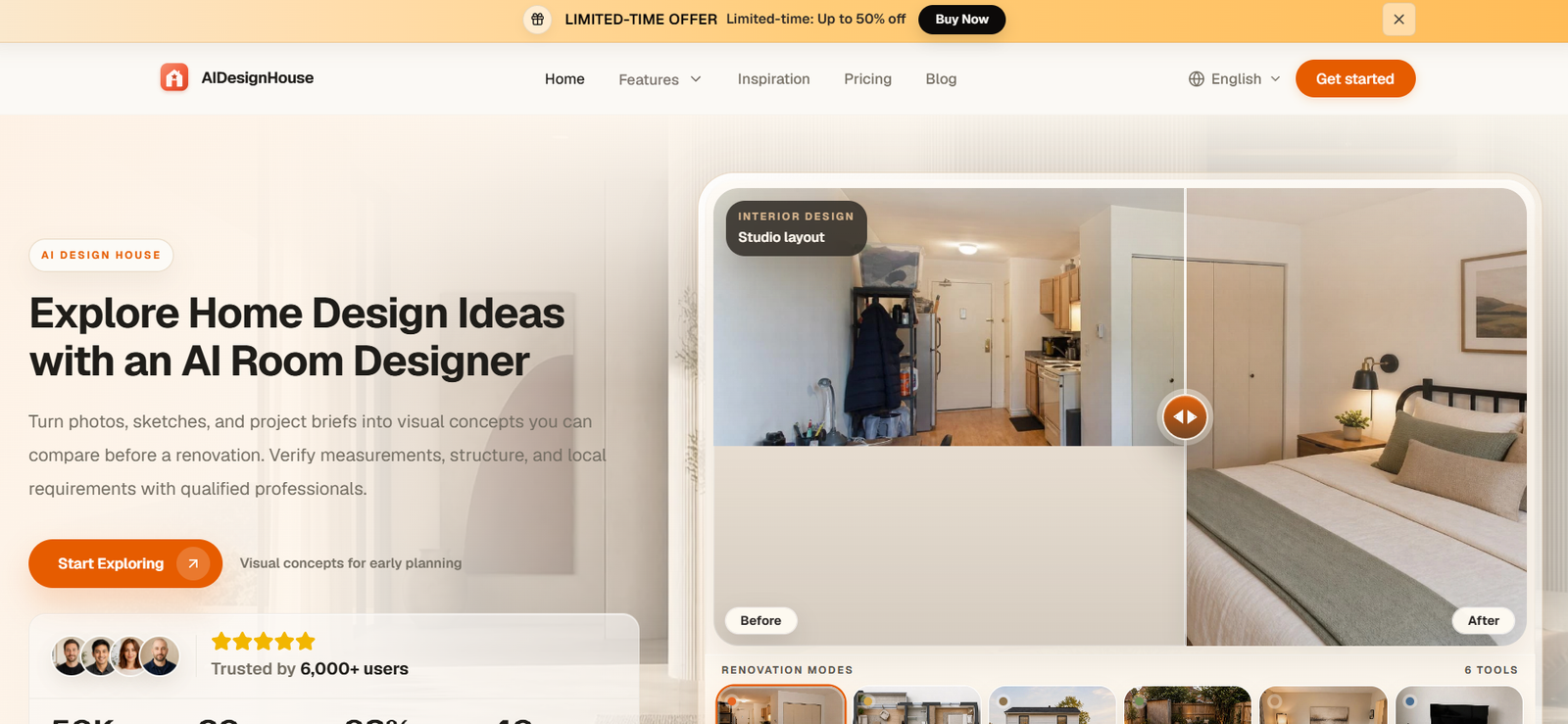 35 - Hero section for AI Design House: Explore Home Design Ideas with an AI Room Designer; large headline and orange Start Exploring CTA on warm beige background.