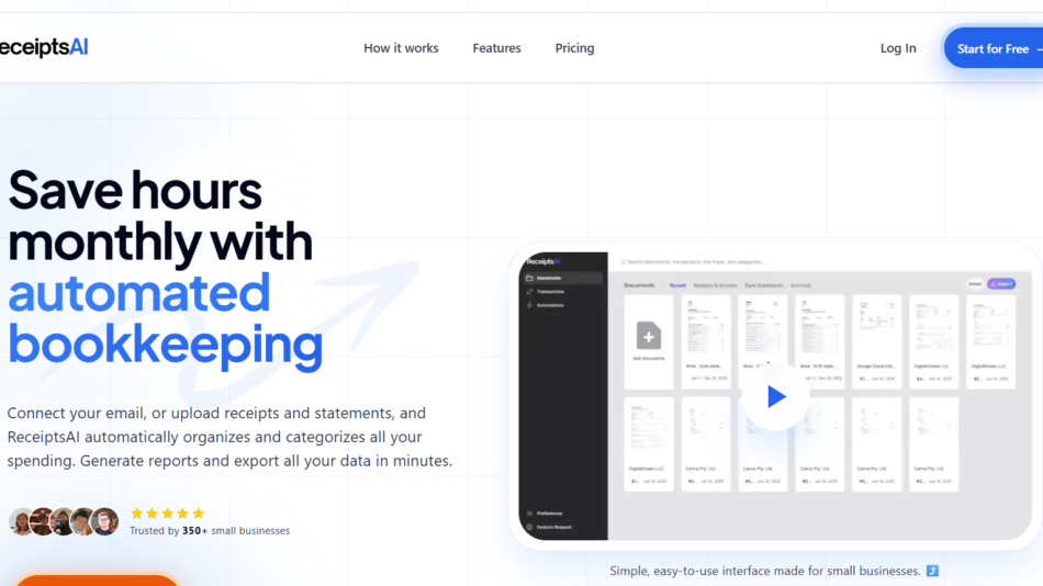 35 - Hero section for ReceiptsAI: large headline 'Save hours monthly with automated bookkeeping' with a rounded video preview on the right and a top navigation bar with the logo 'ReceiptsAI'.