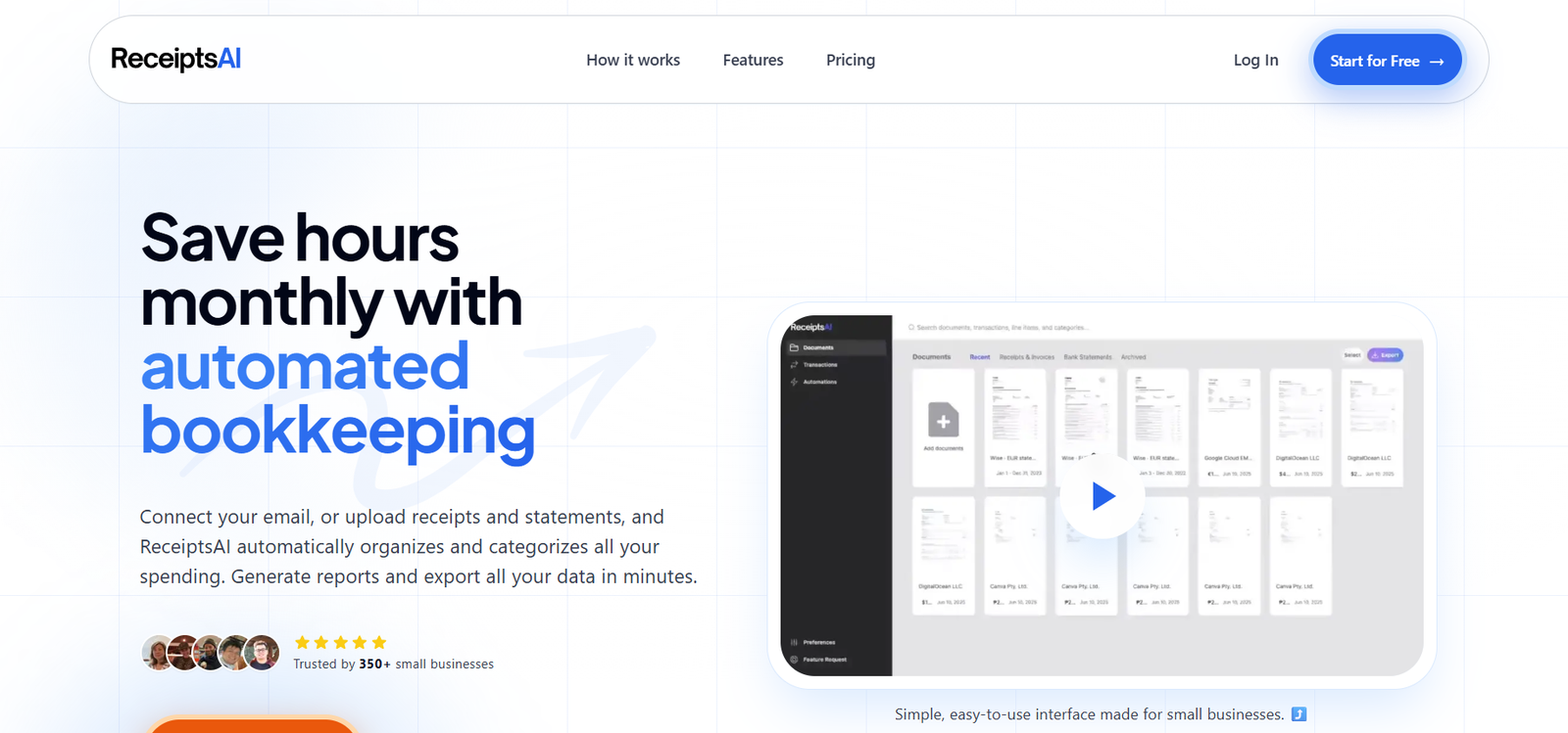 35 - Hero section for ReceiptsAI: large headline 'Save hours monthly with automated bookkeeping' with a rounded video preview on the right and a top navigation bar with the logo 'ReceiptsAI'.