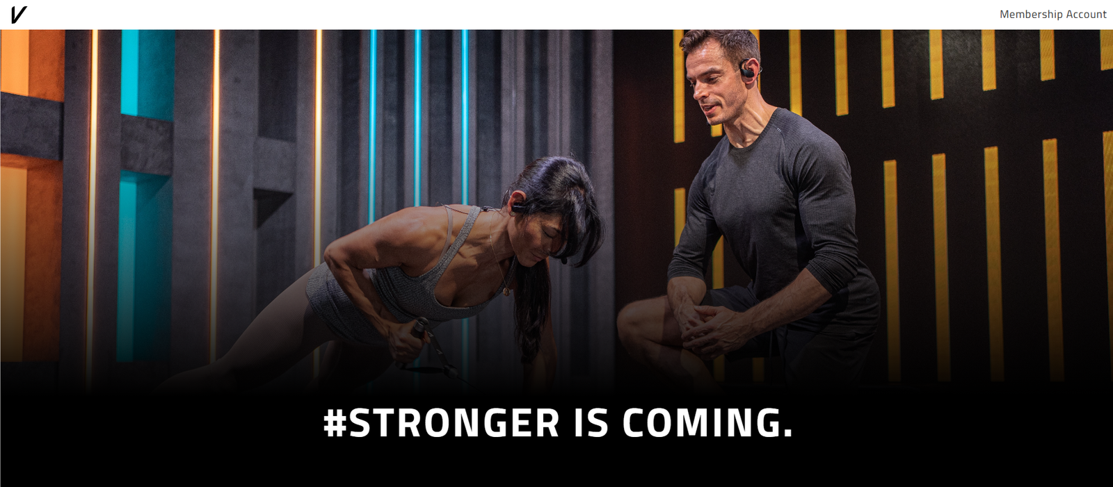 35 - Two athletes training in a neon-lit gym; woman performs a push-up with a band while a man watches, caption '#STRONGER IS COMING.'