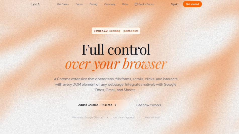 36 - Hero banner for Lyto AI: orange speckled gradient background with large 'Full control over your browser' headline and a subtitle about a Chrome extension; top navigation visible.