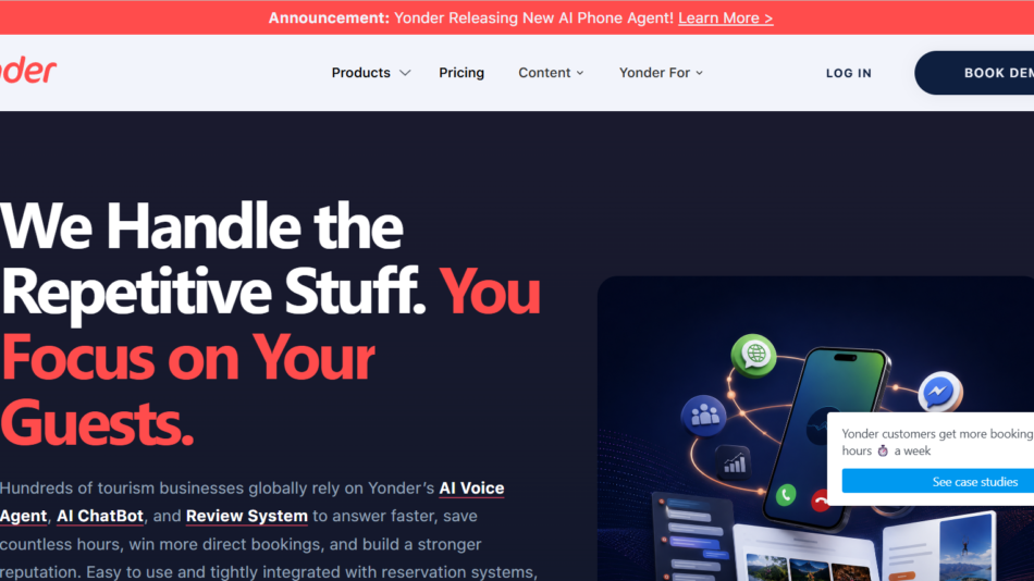 36 - Hero section with bold headline: 'We Handle the Repetitive Stuff. You Focus on Your Guests.' and a right-hand graphic of devices; navigation bar above.