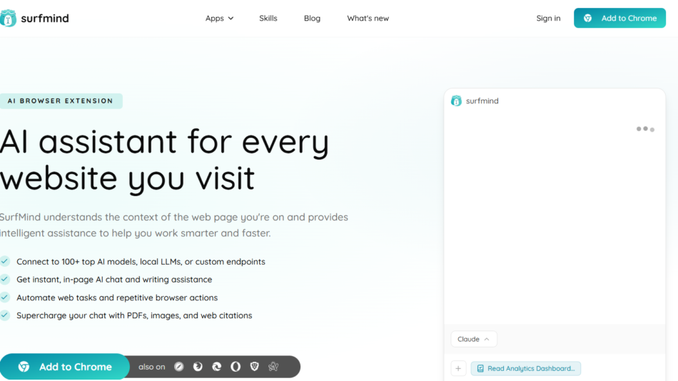 SurfMind homepage hero: light blue gradient, bold headline “AI assistant for every website you visit” with left-side features list and a prominent Add to Chrome button nearby.