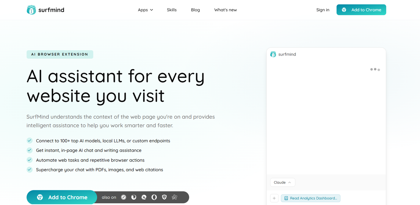 36 - SurfMind homepage hero: light blue gradient, bold headline “AI assistant for every website you visit” with left-side features list and a prominent Add to Chrome button nearby.