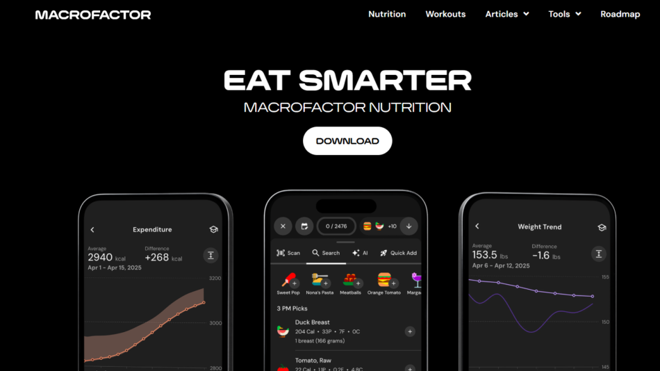 36 - Hero showing the MACROFACTOR Nutrition site with a bold 'EAT SMARTER' headline and a white Download button over three smartphone screens displaying app dashboards.