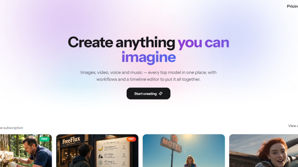 37 - Hero banner for FreeFlux with a soft pastel gradient, large headline 'Create anything you can imagine' and a black 'Start creating' button.