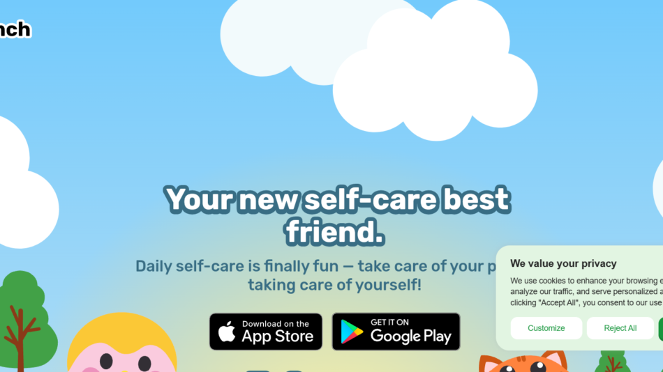 Playful cartoon banner with blue sky, clouds, trees, and a smiling mascot announcing a self-care app.