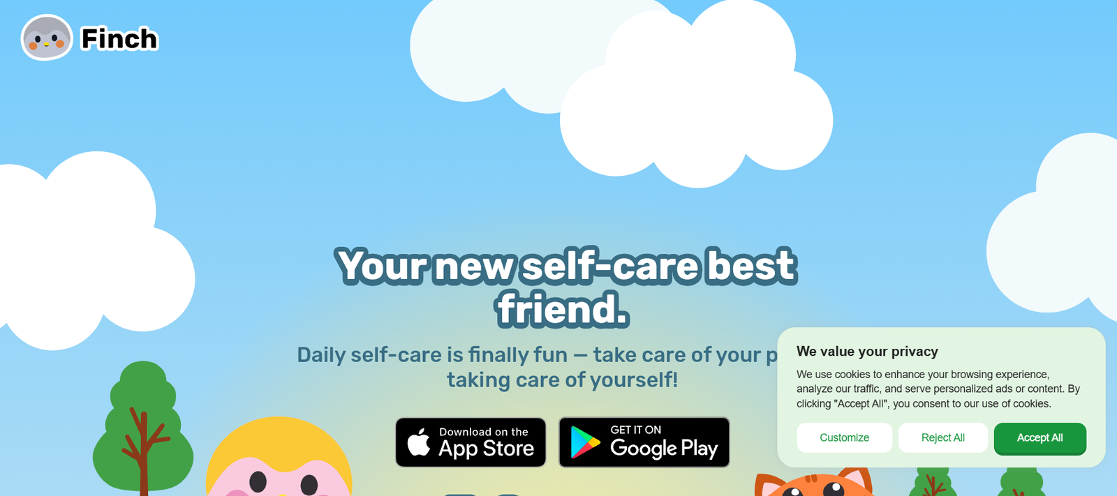 37 - Playful cartoon banner with blue sky, clouds, trees, and a smiling mascot announcing a self-care app.