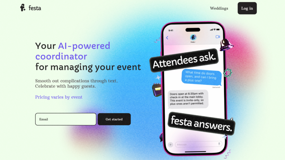 38 - Smartphone screen with chat messages and a bold 'Attendees ask' label over a blue–pink gradient, showcasing Festa’s AI event coordination.