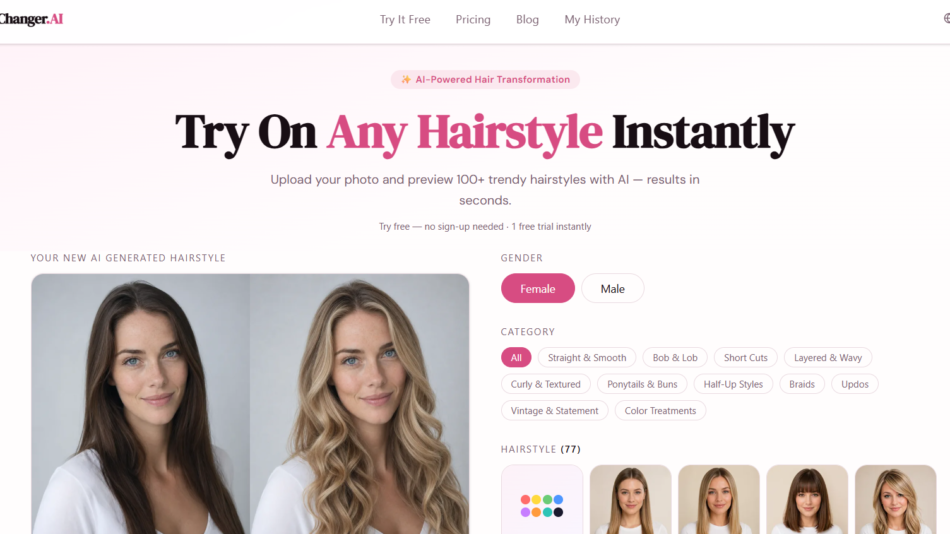 Hero section with two side-by-side portraits: left shows a woman with dark straight hair, right shows the same woman with long blonde waves, illustrating AI-generated hairstyle transformation