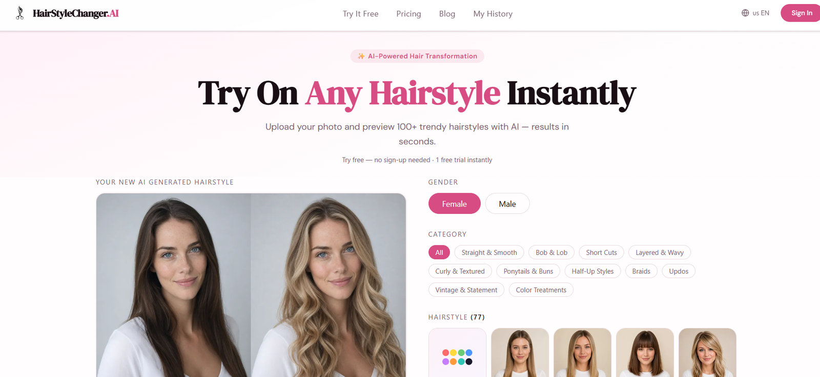 38 - Hero section with two side-by-side portraits: left shows a woman with dark straight hair, right shows the same woman with long blonde waves, illustrating AI-generated hairstyle transformation