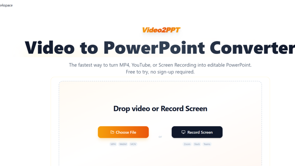 38 - Hero section header: 'Video to PowerPoint Converter' with Video2PPT logo and subtitle inviting to convert videos to editable PowerPoint.