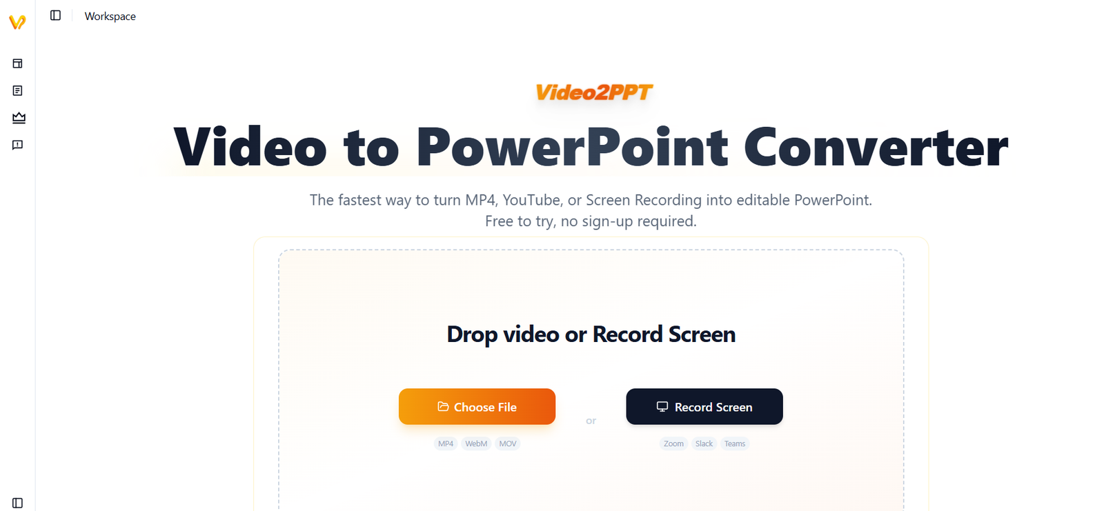 38 - Hero section header: 'Video to PowerPoint Converter' with Video2PPT logo and subtitle inviting to convert videos to editable PowerPoint.