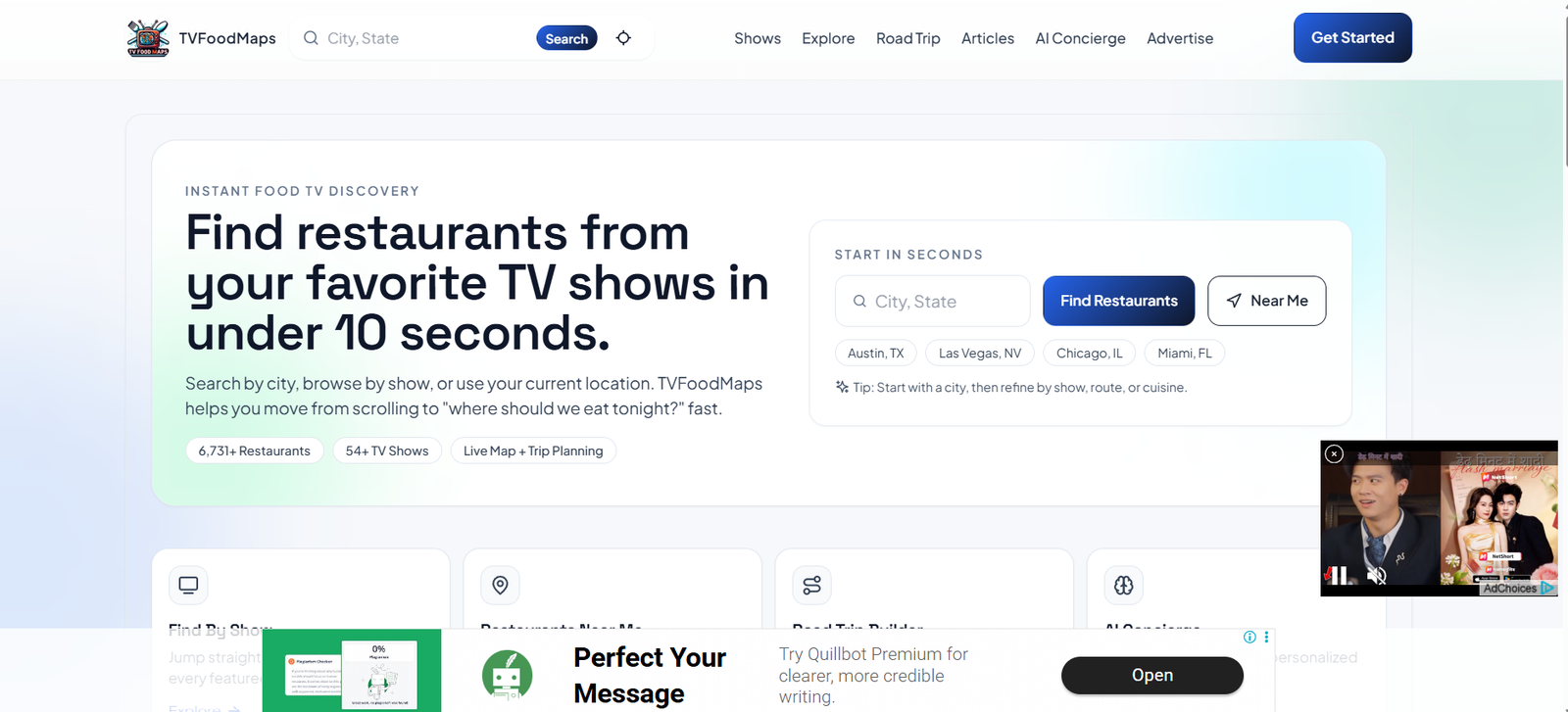 38 - Find restaurants from your favorite TV shows in under 10 seconds, with a search panel for City, State and nearby options on the right side of the page panel.