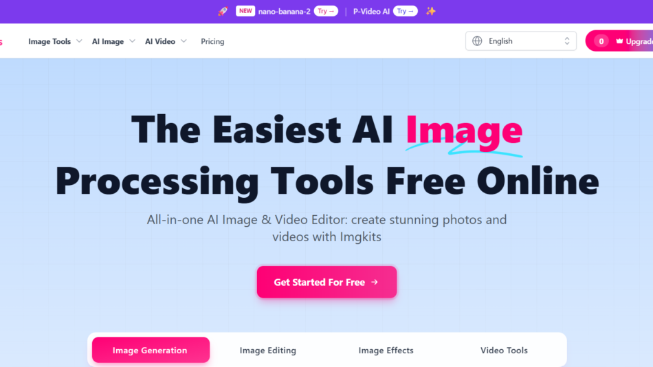 38 - Hero banner for Imgkits: light blue grid background with bold text 'The Easiest AI Image Processing Tools Free Online' and a pink 'Get Started For Free' button.