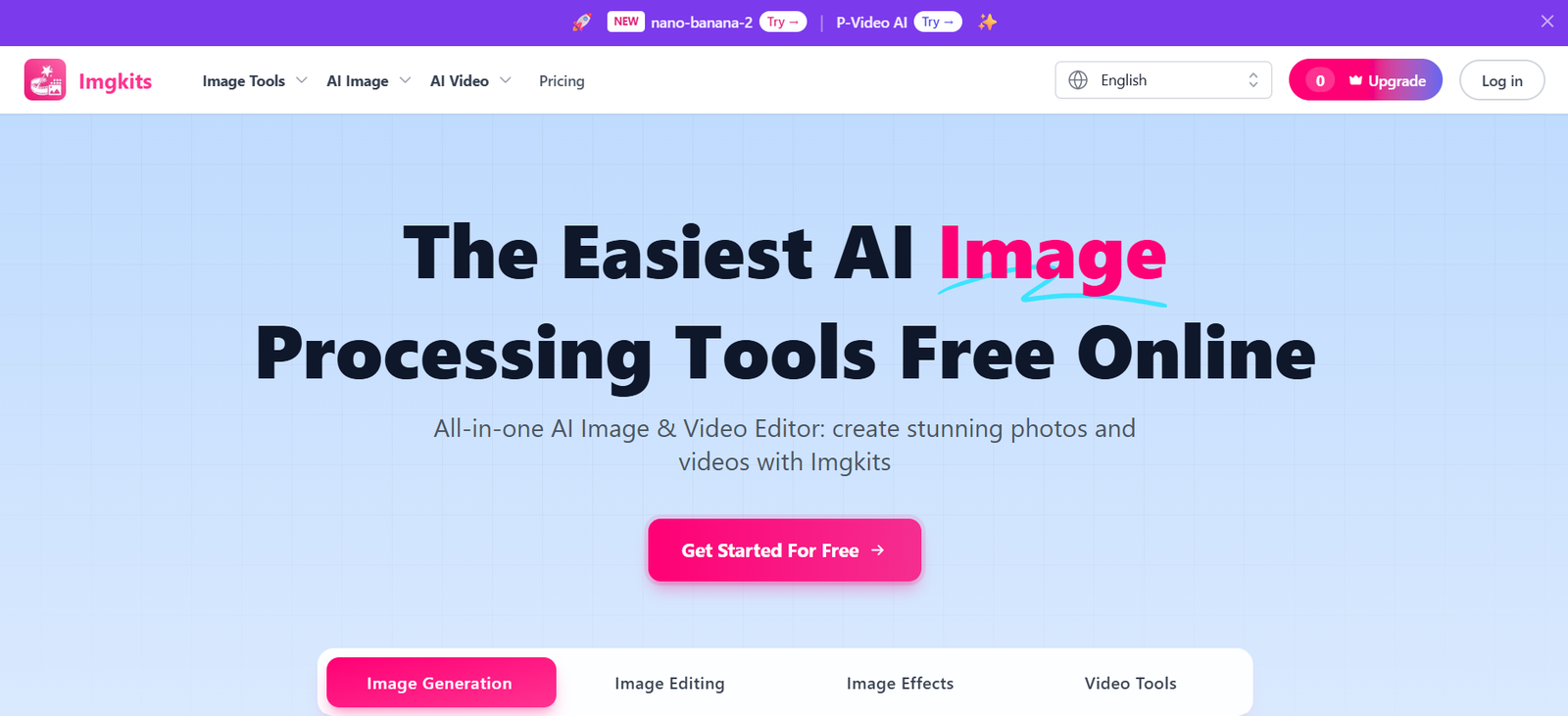 38 - Hero banner for Imgkits: light blue grid background with bold text 'The Easiest AI Image Processing Tools Free Online' and a pink 'Get Started For Free' button.
