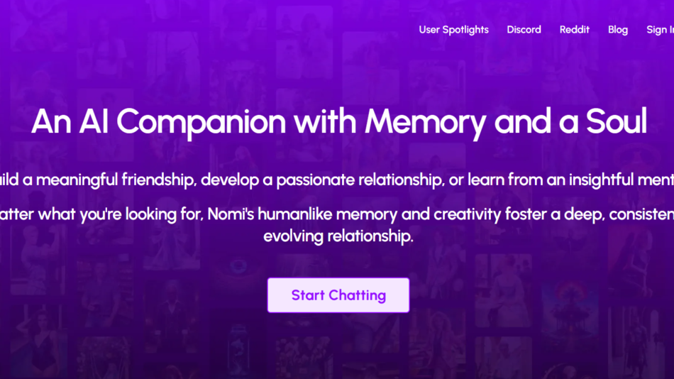 39 - Hero banner for Nomi.AI: purple collage background with white headline 'An AI Companion with Memory and a Soul' and call-to-action 'Start Chatting' button at center-left top navigation visible.