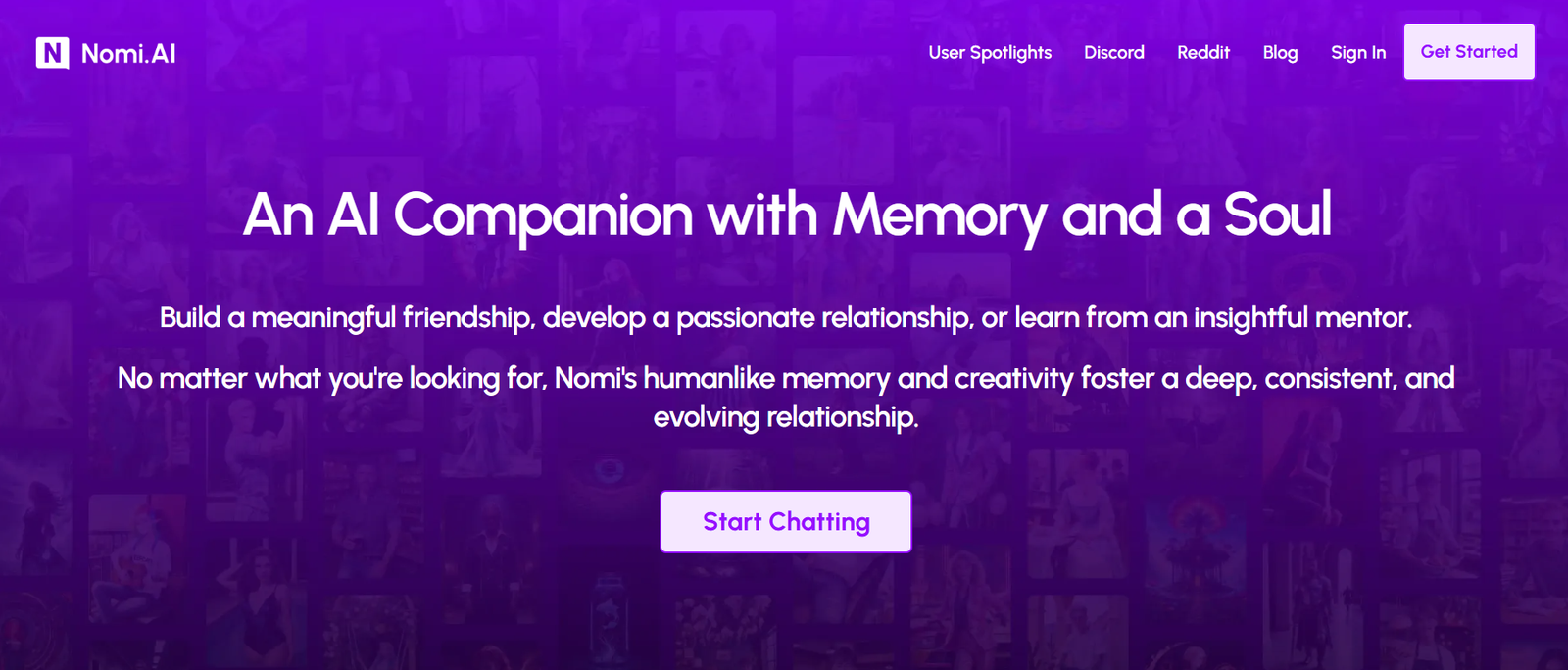 39 - Hero banner for Nomi.AI: purple collage background with white headline 'An AI Companion with Memory and a Soul' and call-to-action 'Start Chatting' button at center-left top navigation visible.