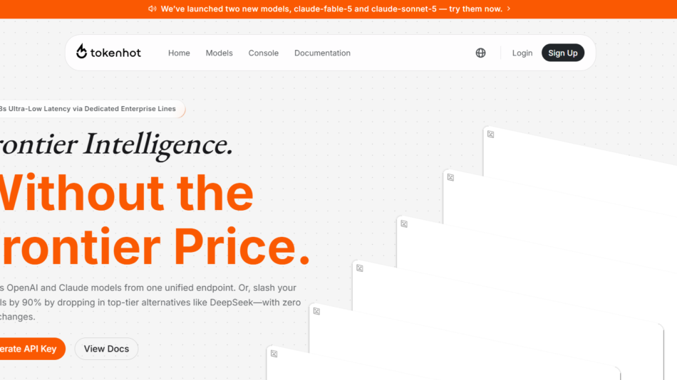 Hero header for Tokenhot with navigation bar, orange announcement strip, and a large bold headline 'Frontier Intelligence. Without the Frontier Price.' on a dotted gray background, plus a prominent 'Generate API Key' button and 'View Docs' link.
